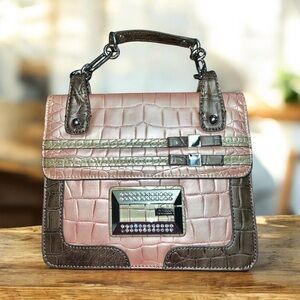 GUESS Vintage Y2K Bling Logo Pink Beige Brown Faux Croc Gator Handbag Satchel+